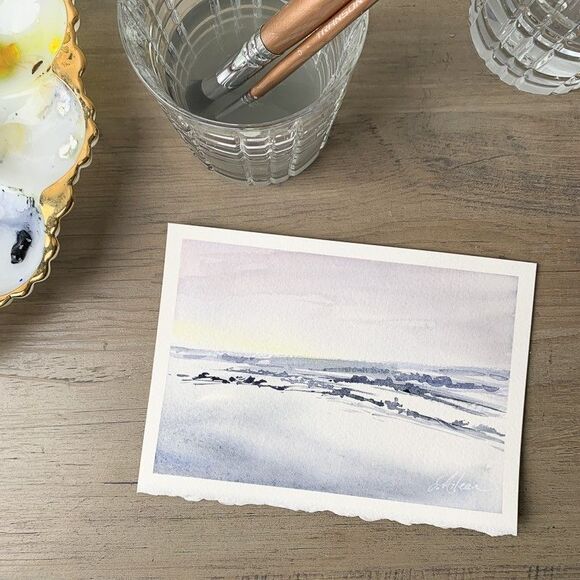 Original Watercolor Landscape Painting "Winter Day" Neutral Minimal 5x7 Signed - Picture 3 of 3